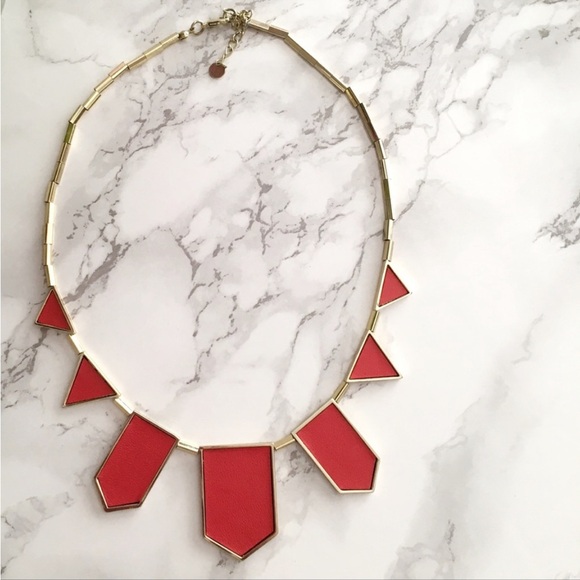 House of Harlow 1960 Red Leather and Gold Stations Geometric Gold Necklace - Picture 13 of 15